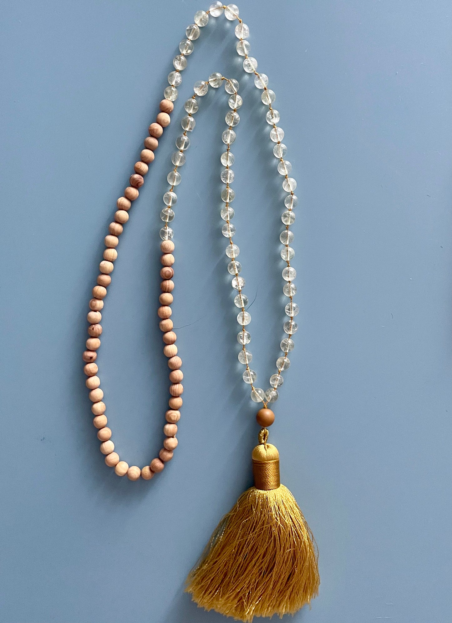 Hand-knotted mala, sandalwood, citrine & wood-grain jasper beads, gold tassel