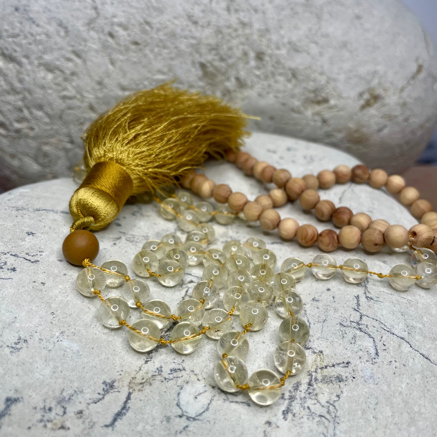 Hand-knotted mala, sandalwood, citrine & wood-grain jasper beads, gold tassel