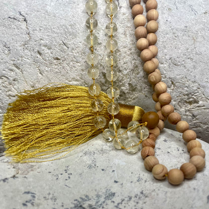 Hand-knotted mala, sandalwood, citrine & wood-grain jasper beads, gold tassel