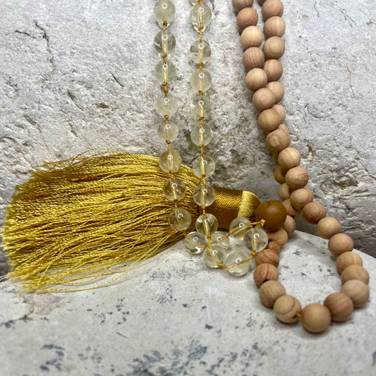 Hand-knotted mala, sandalwood, citrine & wood-grain jasper beads, gold tassel