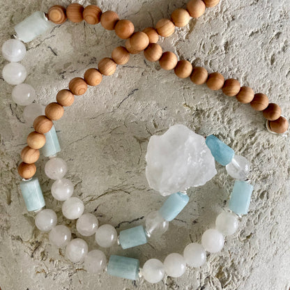 Sandalwood, Moonstone, Aquamarine, Raw White Quartz necklace