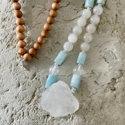 Sandalwood, Moonstone, Aquamarine, Raw White Quartz necklace
