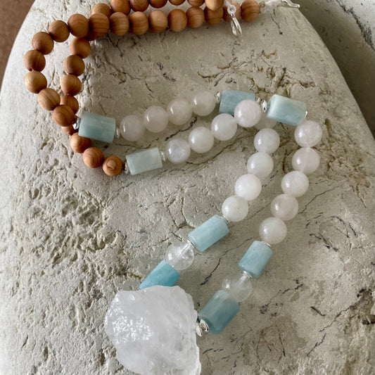 Sandalwood, Moonstone, Aquamarine, Raw White Quartz necklace
