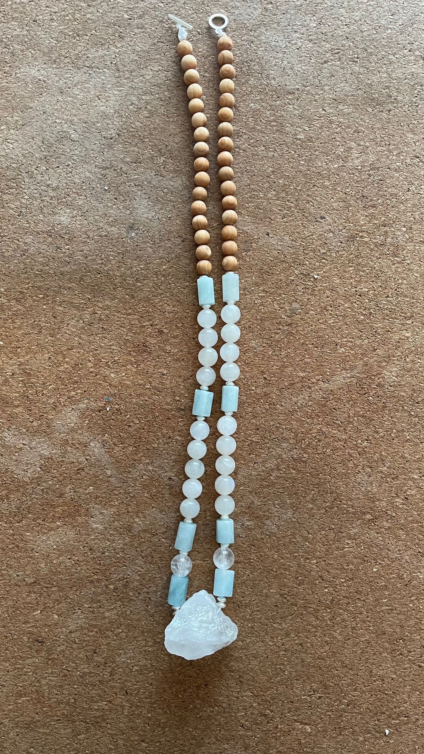 Sandalwood, Moonstone, Aquamarine, Raw White Quartz necklace