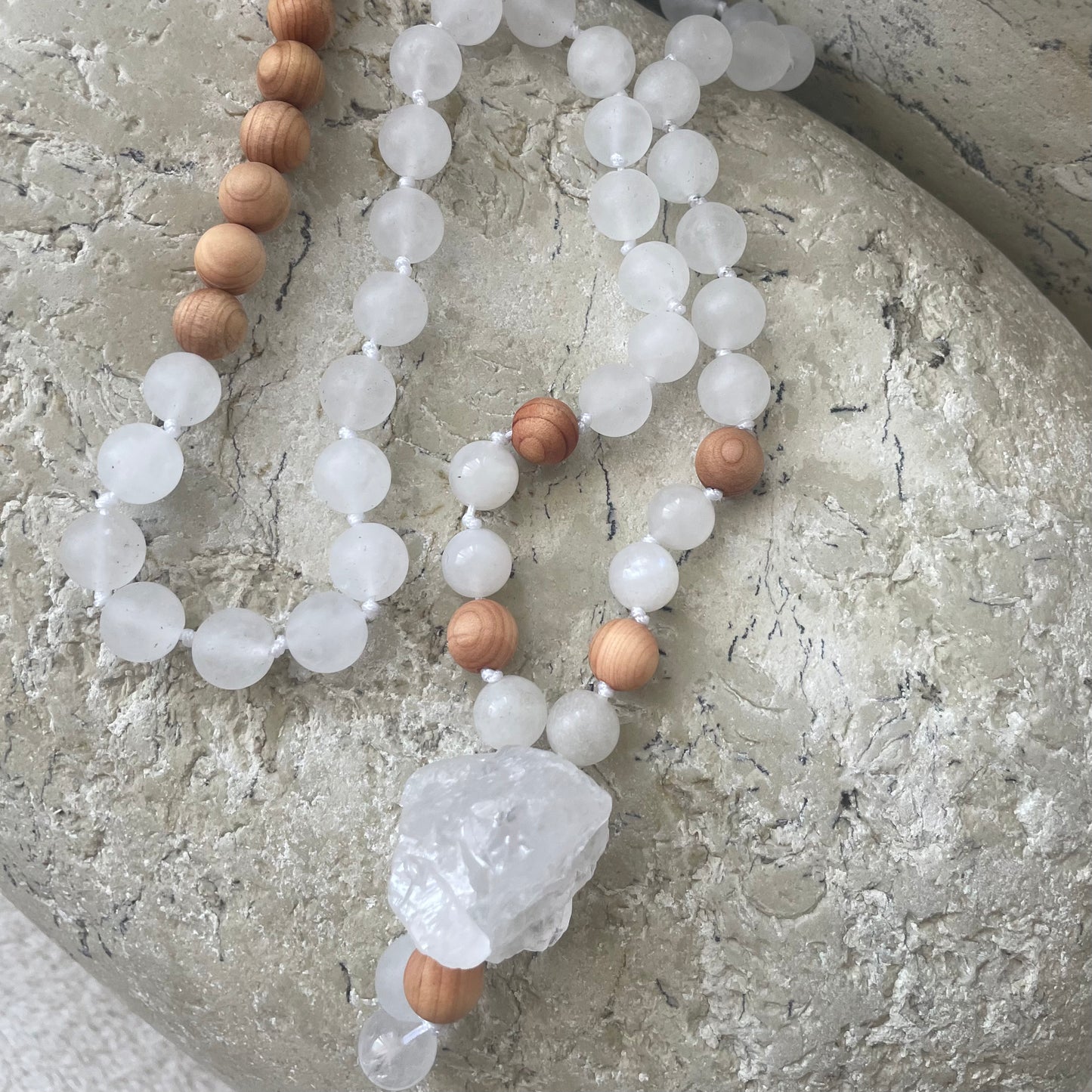 white turquoise, moonstone,  white quartz, sandalwood necklace
