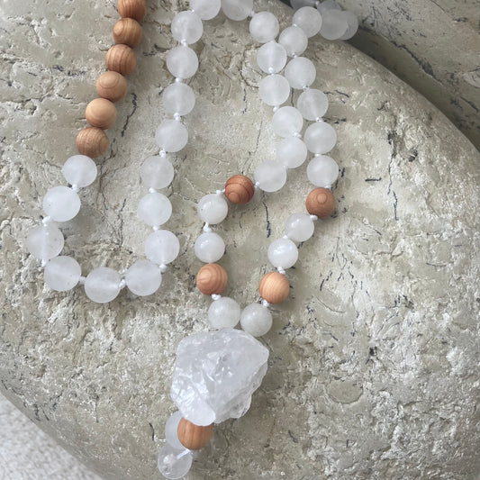 white turquoise, moonstone,  white quartz, sandalwood necklace