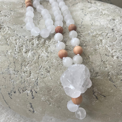 white turquoise, moonstone,  white quartz, sandalwood necklace