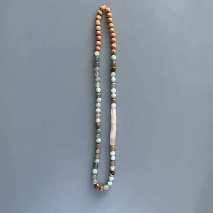 Necklace - Aquamarine, matte Rose Quartz, natural Sandalwood
