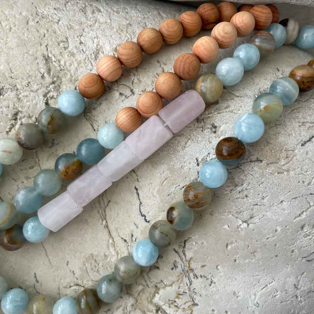 Necklace - Aquamarine, matte Rose Quartz, natural Sandalwood