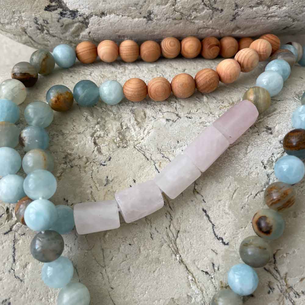 Necklace - Aquamarine, matte Rose Quartz, natural Sandalwood